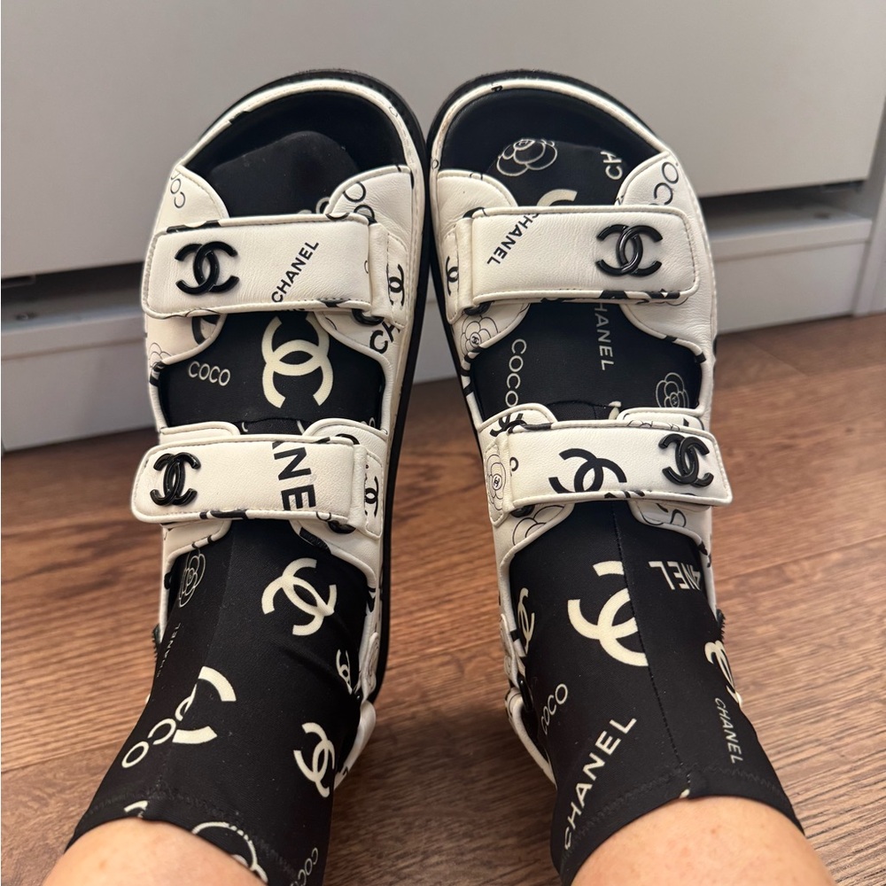 CHANEL Black and White Logo Dad Sandals - Picture 6 of 16